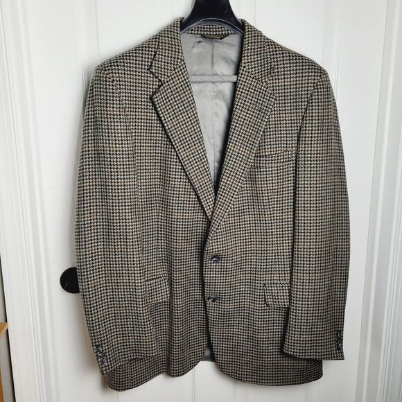 Vintage Orvis Blazer 44L Taupe Wool Tweed Houndstooth Premium USA Sport Coat